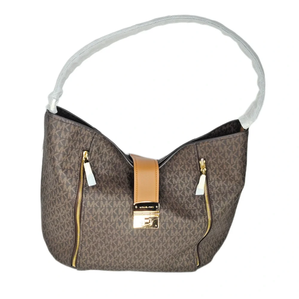 Michael Kors Addie Large Canvas Hobo Signature Shoulder Bag-Brown/Acorn-NWT